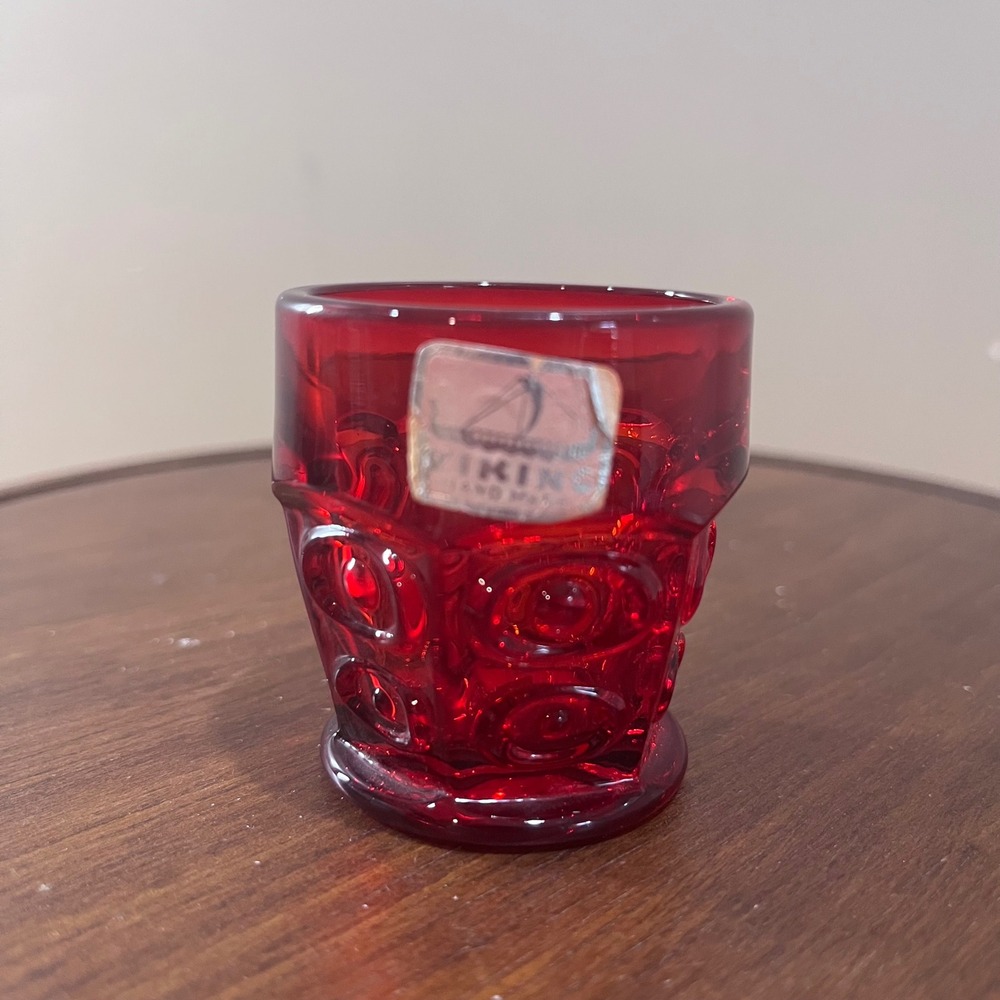 Vtg Viking Glass Ruby Red Thousand Eye Toothpick Holder Thumbprint MCM Sticker